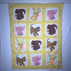 Vintage Handmade Quilt Hand Painted Animals Elephant Tiger Bunny Squirrel Yellow